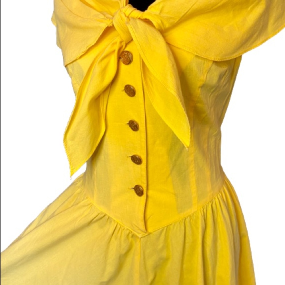 1980s Nautical Military Dress Sunny Yellow Pockets Fit and Flare Vintage Collar - Picture 8 of 8